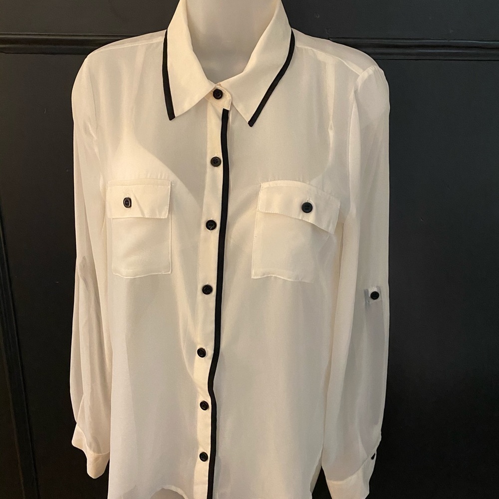 Sheer White Blouse with Black Piping